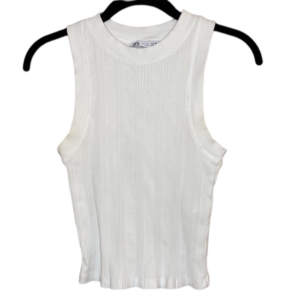 Zara Ribbed Fitted Cropped Tank Top Sz S White